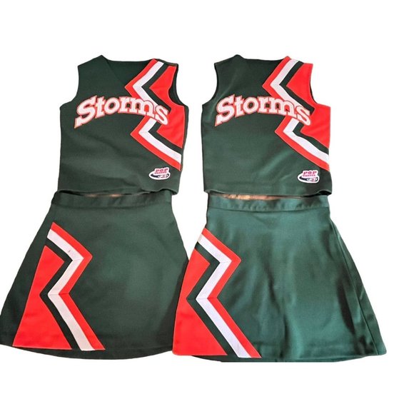 Varsity Other - 2 Matching Twin Cheerleader Uniform Outfits Costume 32" Tops 25" Skirts Yth Lg